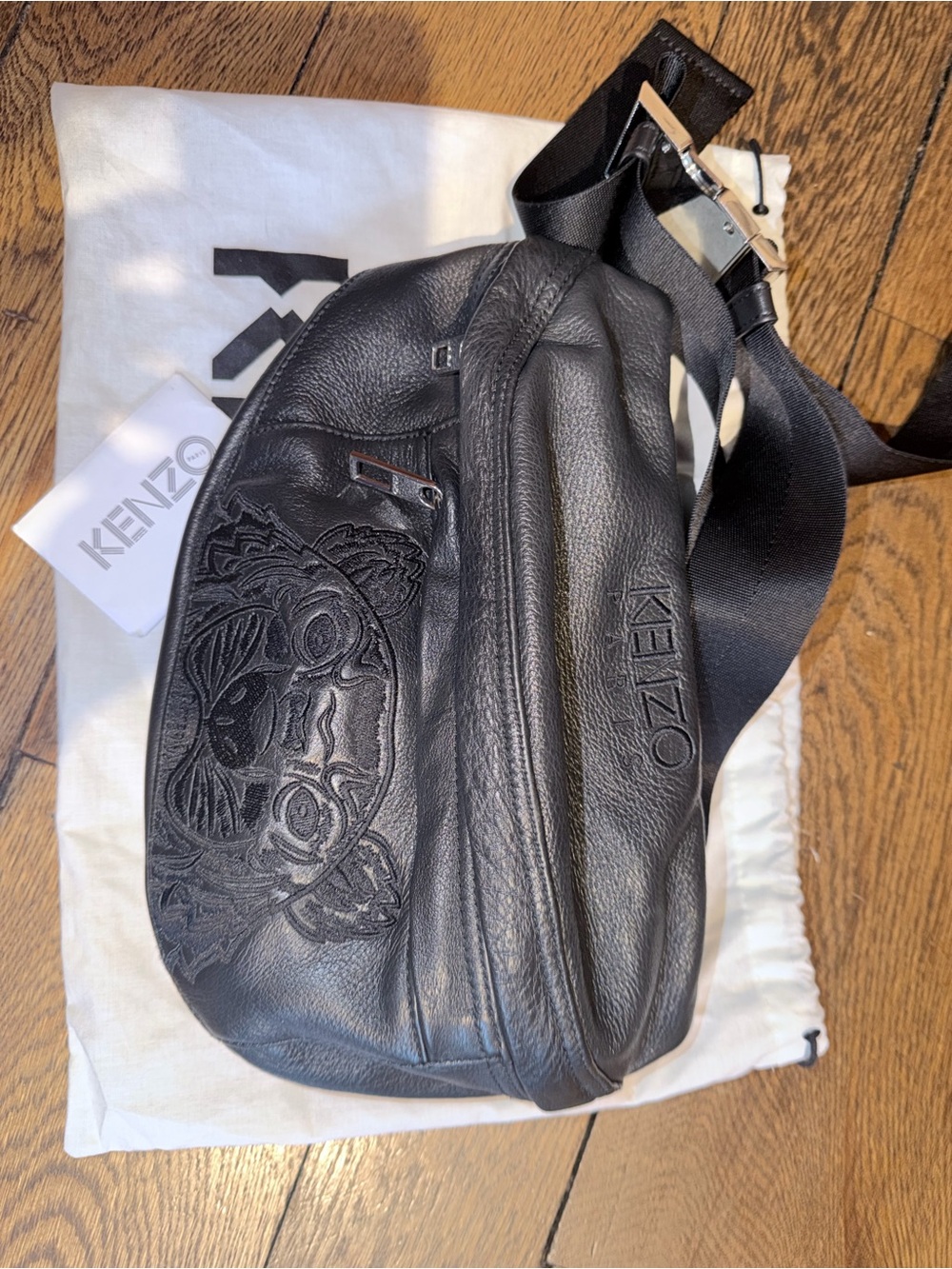 KENZO Black Leather Tiger Embossed Belt Bag